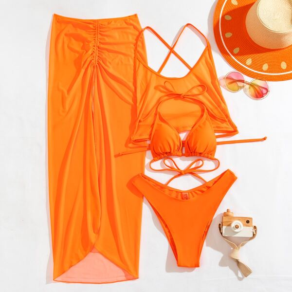 

4pack Triangle High Cut Bikini Swimsuit & Cover Up, Orange