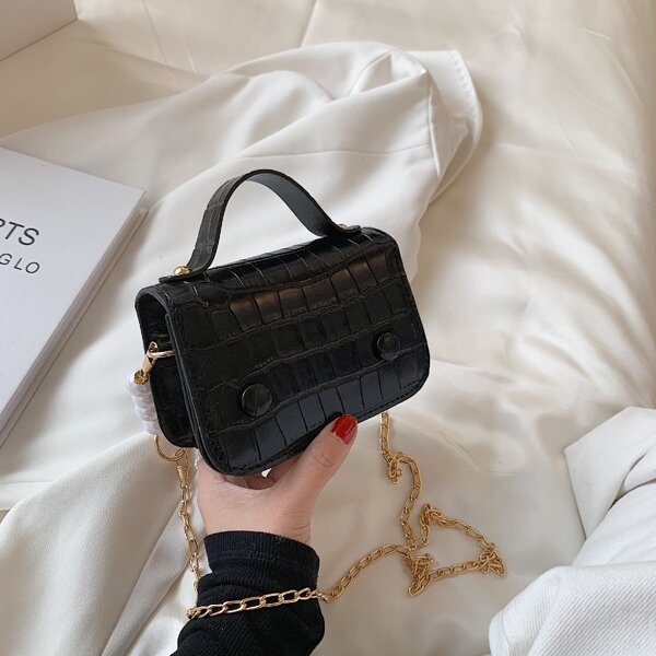 

Mini Croc Embossed Satchel Bag, Black