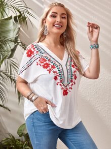 SHEIN VCAY Plus Floral Print Batwing Sleeve Tee - White - View 3