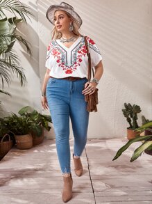 SHEIN VCAY Plus Floral Print Batwing Sleeve Tee - White - View 5