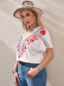 SHEIN VCAY Plus Floral Print Batwing Sleeve Tee - White - View 6