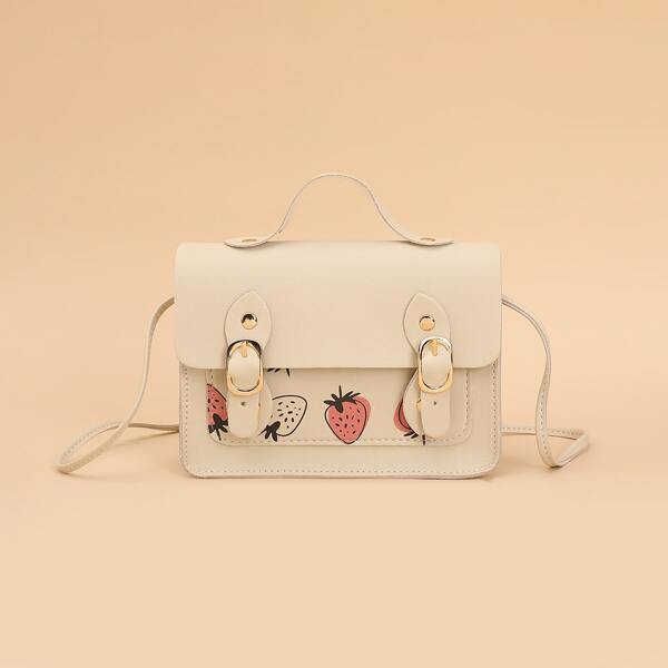 

Strawberry Graphic Double Buckle Satchel Bag, Beige