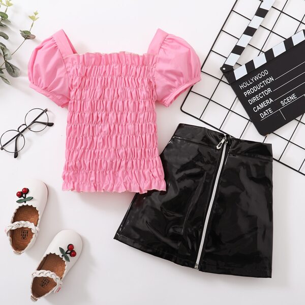

Toddler Girls Shirred Top & Zip Up PU Skirt, Multicolor