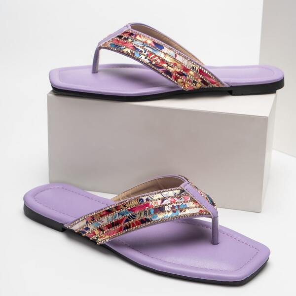 

Rhinestone Detail Flat Thong Sandals, Multicolor