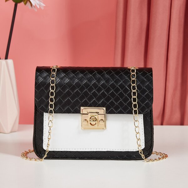 

Braided Design Twist Lock Chain Bag, Black and white