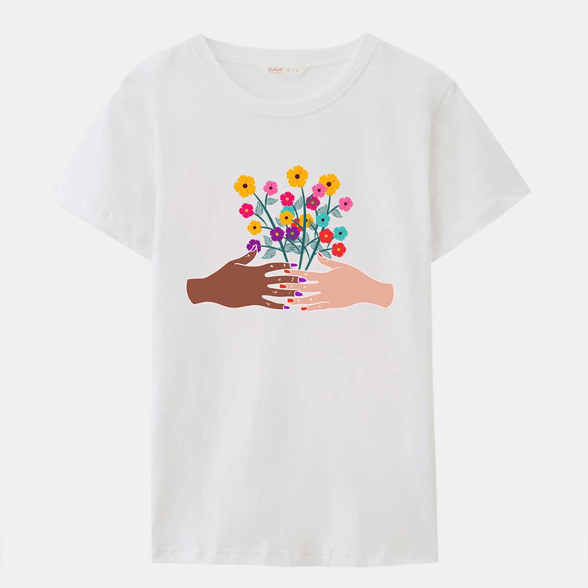 

ROMWE X Everlastgraphic Floral & Hand Graphic Tee, White