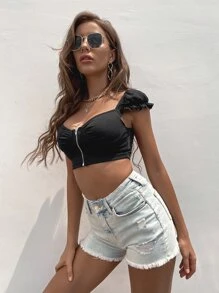 SHEIN Essnce Camiseta con cremallera de cuello sweetheart - Negro - Ver 3