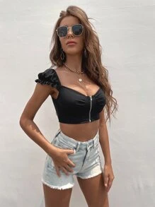 SHEIN Essnce Camiseta con cremallera de cuello sweetheart - Negro - Ver 5