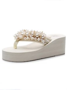 Slippers For Women Summer Beads Slippers Women's Outdoor Fashion Slippers Beach Sandals Heeled Breathable Mules Wedges Flip Fliops