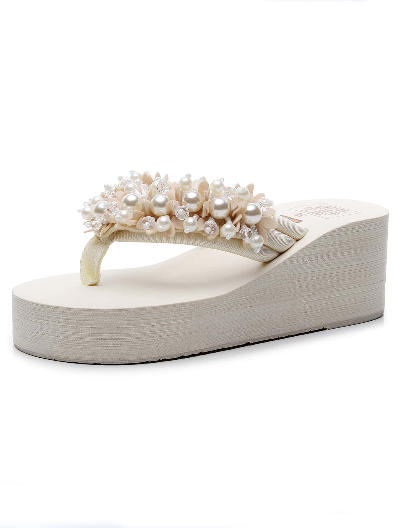 女士拖鞋夏季串珠拖鞋女式户外时尚拖鞋沙滩凉鞋高跟透气穆勒鞋坡跟人字拖 - 米色 - 查看 2