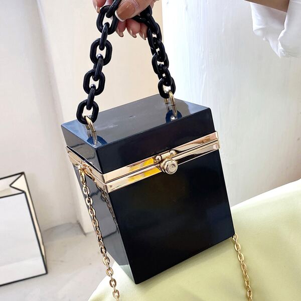 

Mini Metal Lock Chain Box Bag, Black