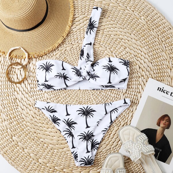 

Palm Tree Print One Shoulder Bikini Swimsuit, Black and white