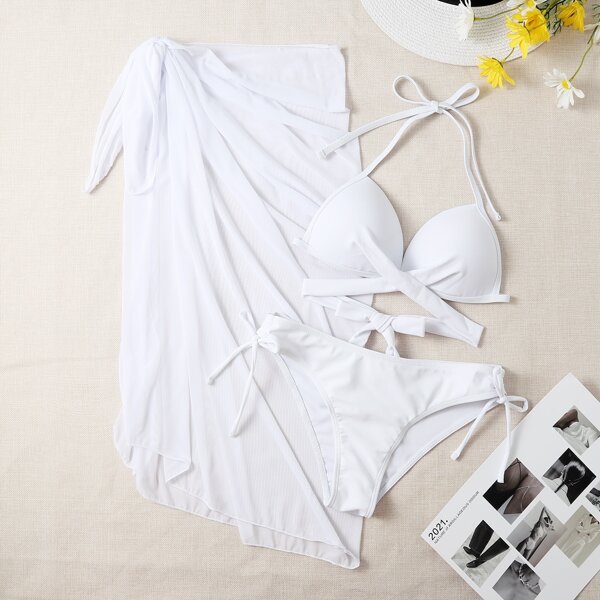 

3pack Push Up Bikini Swimsuit & Beach Skirt, White