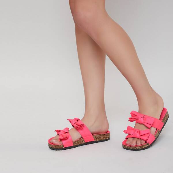 

Vegan Suede Dual Bow Vamp Slides, Hot pink