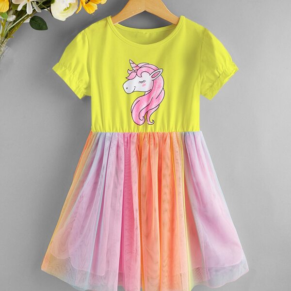 

Girls Unicorn Print Mesh Hem Dress, Multicolor