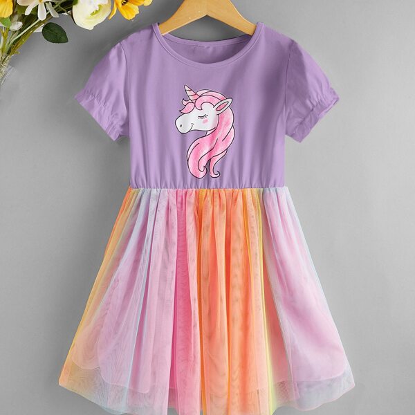 

Girls Unicorn Print Mesh Hem Dress, Multicolor