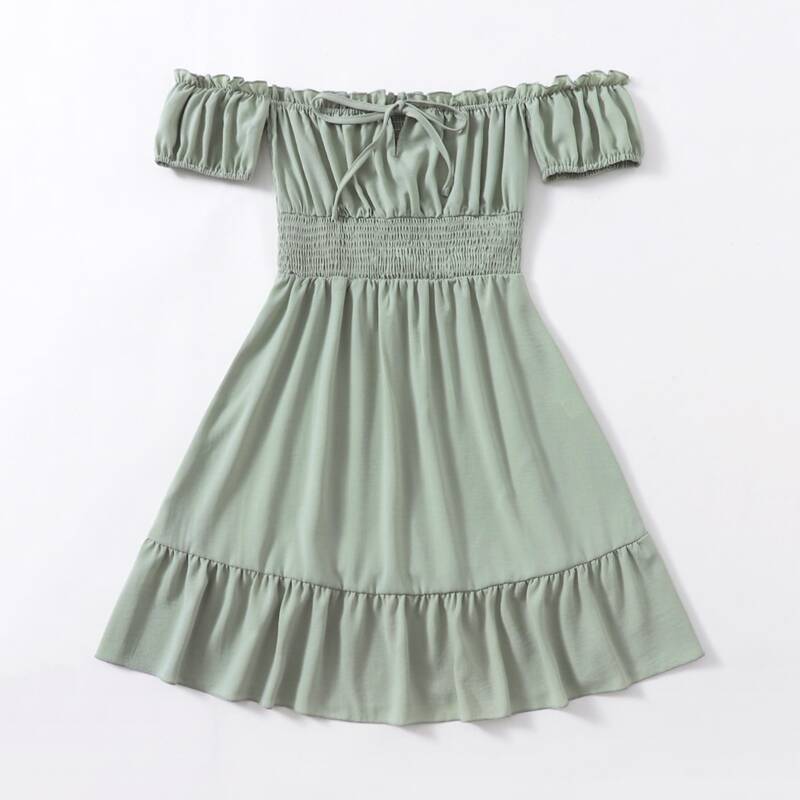 

Off The Shoulder Tie Front Shirred Dress, Mint green