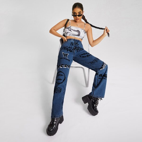 

High Waist Butterfly & Letter Graphic Straight Jeans, Dark wash