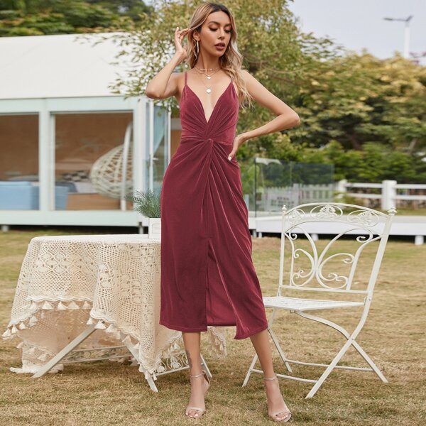 

Twist Front Split Hem Velvet Cami Dress, Dusty pink