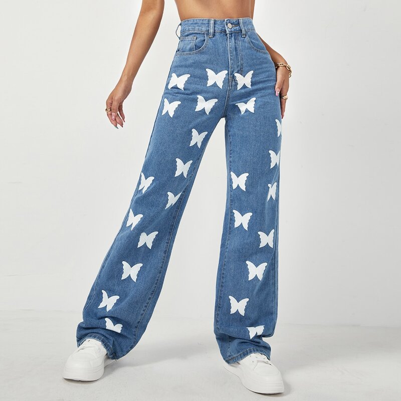

High Waist Butterfly Print Wide Jeans, Medium wash