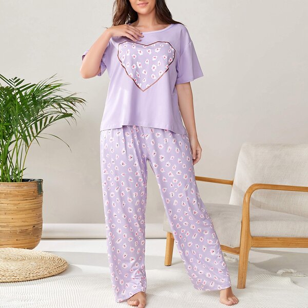 

Plus Floral And Heart Print PJ Set, Lilac purple