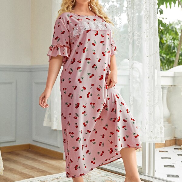 

Plus Cherry Print Lace Trim Nightdress, Dusty pink