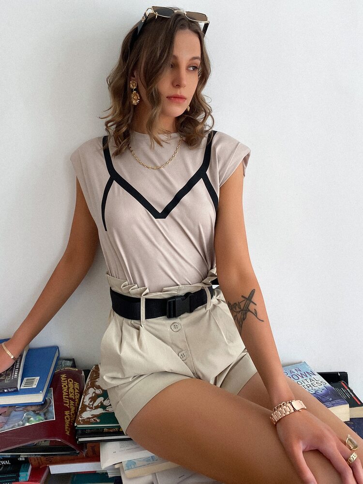 Sollinarry Shoulder Pad Striped Tank Top - Khaki - View 1