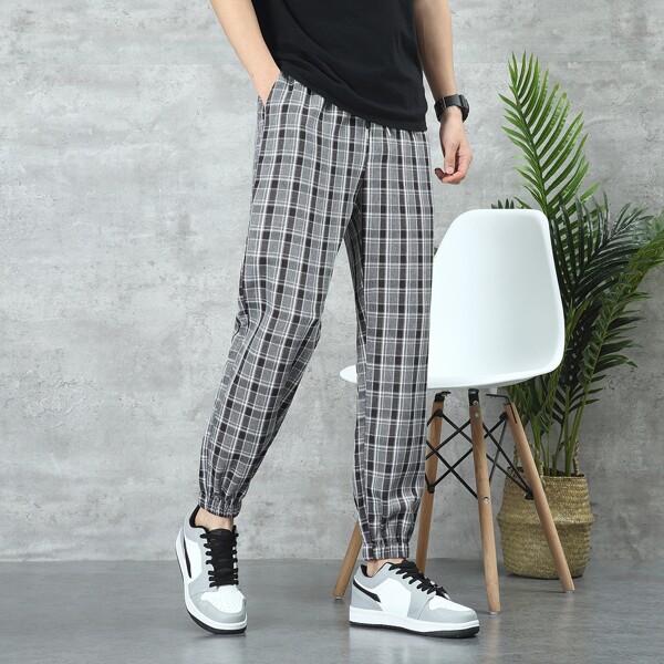 

Men Plaid Print Drawstring Carrot Pants, Grey