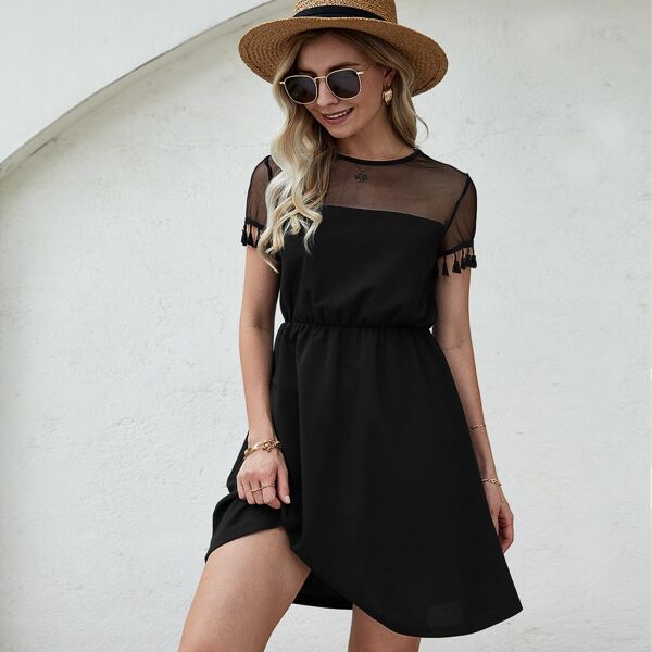 

Contrast Mesh Fringe Cuff A-line Dress, Black