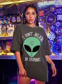 Camiseta amplia con estampado de extraterrestre y letra - Gris Oscuro - Ver 6