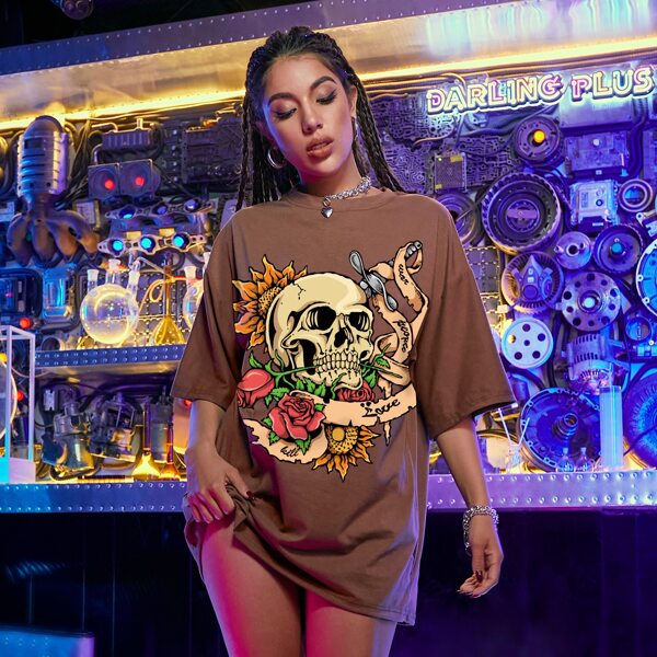 

Skull And Floral Print Oversized Tee, Coffee brown