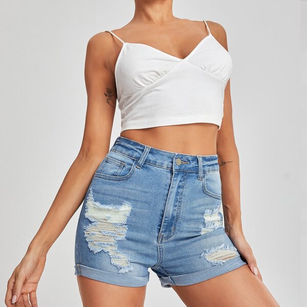 

High Waist Ripped Denim Shorts, Light wash
