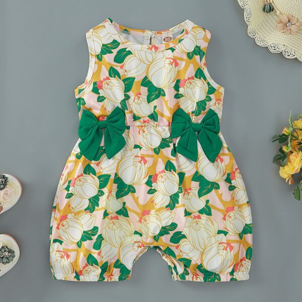 

Baby Girl Allover Floral Print Bow Detail Romper, Multicolor