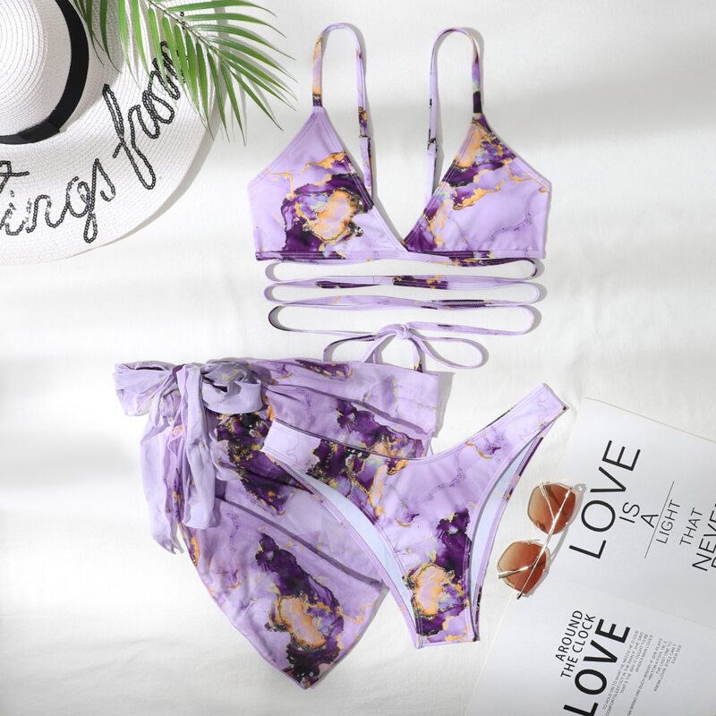 

3pack Marble Print Bikini Swimsuit With Beach Skirt, Purple