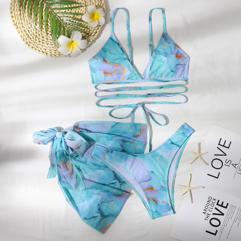 

3pack Marble Print Bikini Swimsuit With Beach Skirt, Green