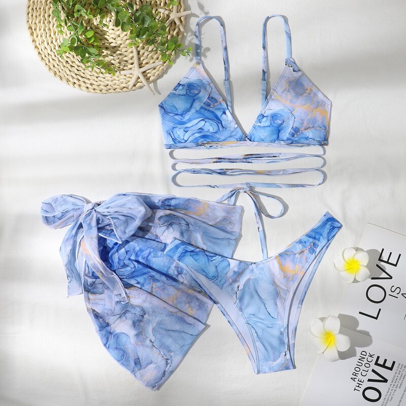 

3pack Marble Print Bikini Swimsuit With Beach Skirt, Blue