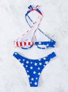 American USA Flag Print Cross Halter Underwire Bikini Set, For Summer Beach Vacation, 4th Of July - Multicolor - View 2