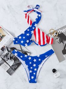 American USA Flag Print Cross Halter Underwire Bikini Set, For Summer Beach Vacation, 4th Of July - Multicolor - View 5