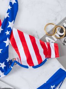 American USA Flag Print Cross Halter Underwire Bikini Set, For Summer Beach Vacation, 4th Of July - Multicolor - View 6