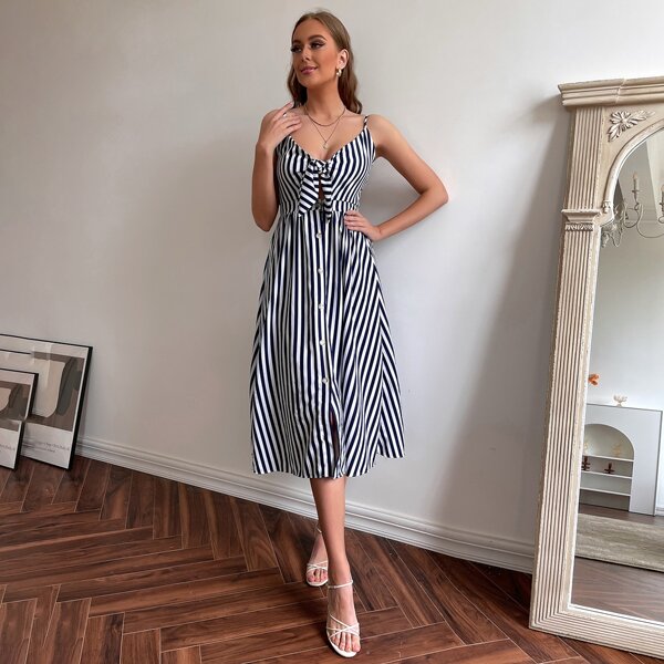 

Tie Front Single Breasted Striped Peekaboo Cami Dress, Blue and white