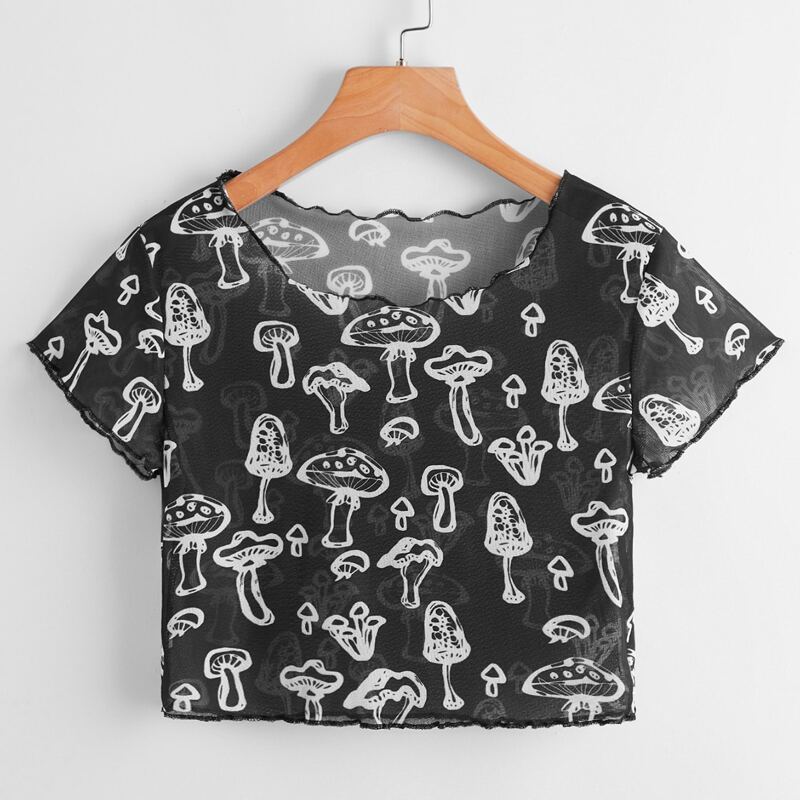 

Mushroom Graphic Mesh Top, Black