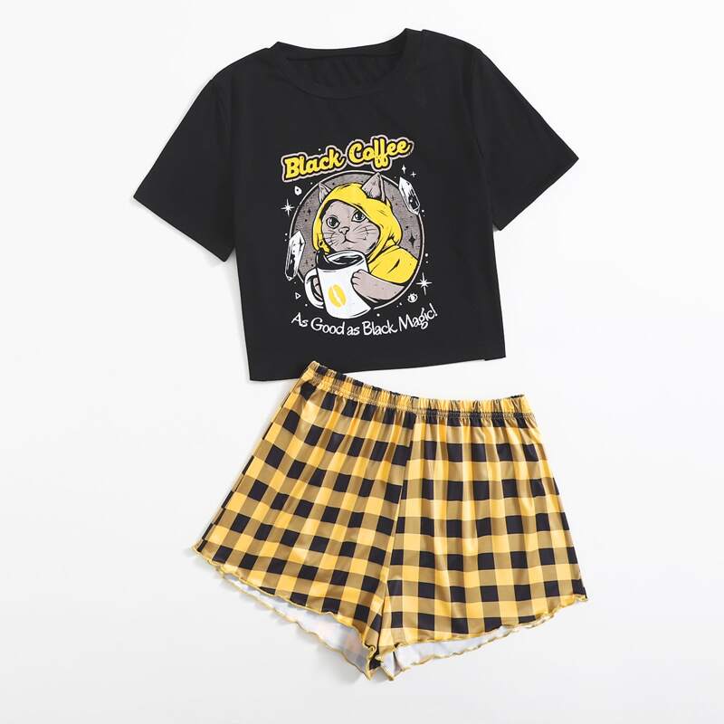 

Letter Cat Graphic Plaid Pajama Set, Multicolor