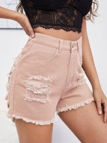 高腰破洞牛仔短褲 - 淺粉色 - 查看 2