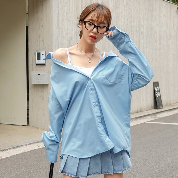 

Button Front Drop Shoulder Oversized Blouse, Baby blue
