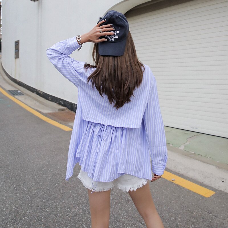 

Striped Print Cut Out Drawstring Back Blouse, Baby blue