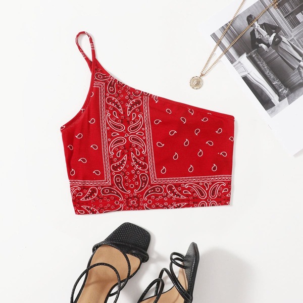 

One Shoulder Paisley Print Crop Top, Red and white