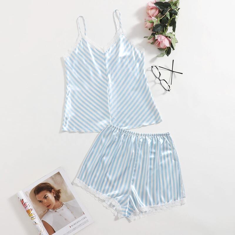 

Striped Contrast Lace Satin Night Set, Baby blue