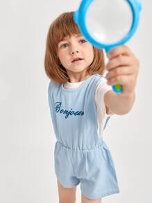 SHEIN Mono de espalda con botón con bordado de letra sin camiseta - Celeste - Ver 1