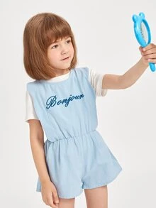 SHEIN Mono de espalda con botón con bordado de letra sin camiseta - Celeste - Ver 4