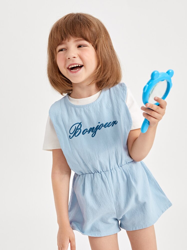 SHEIN Mono de espalda con botón con bordado de letra sin camiseta - Celeste - Añade 5